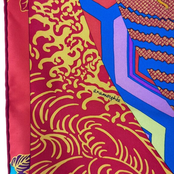 HERMES Orange & Multicolor 100% Silk Ex-Libris En Kimonos Pattern Scarf France - Picture 9 of 11